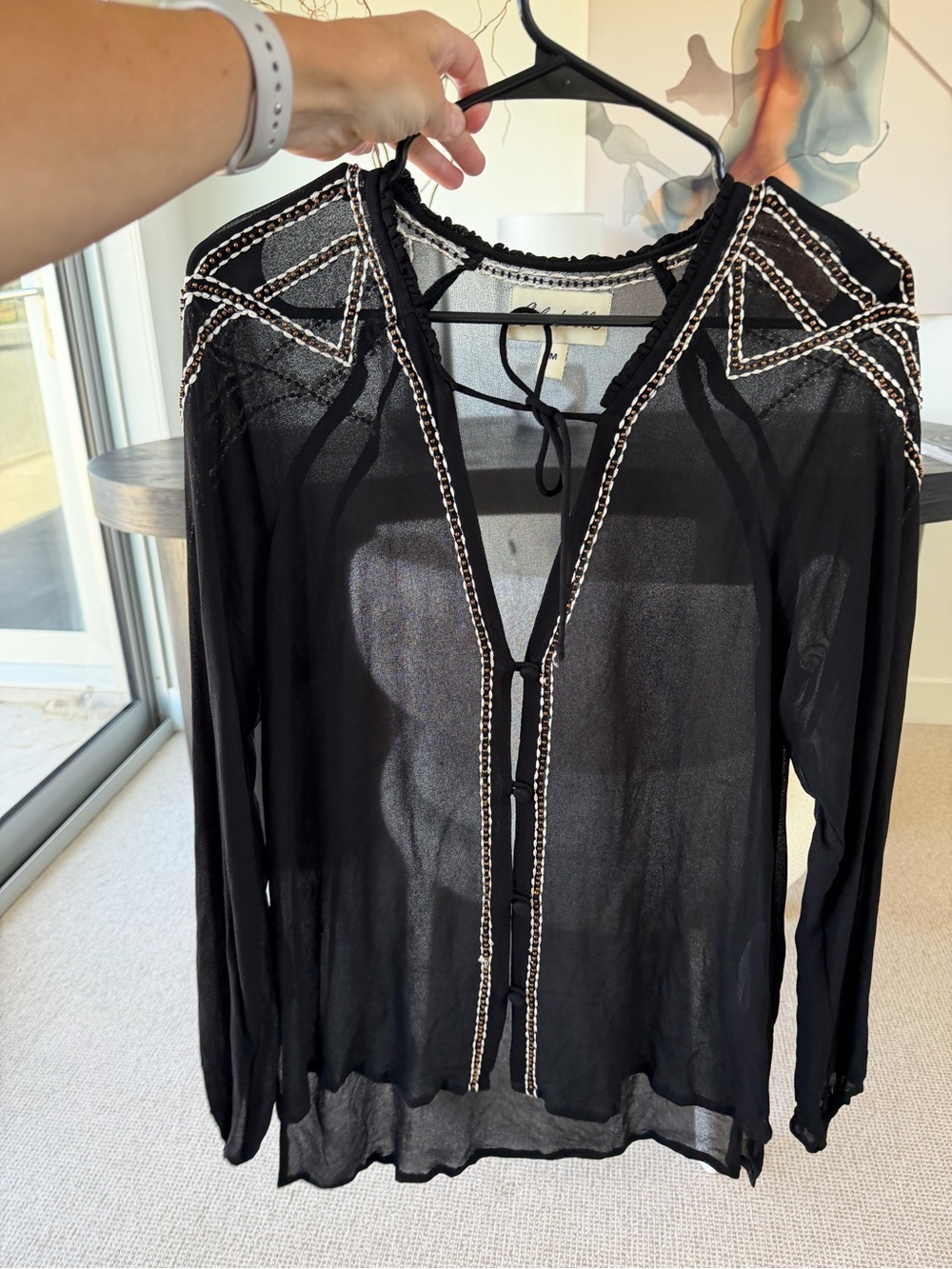 Cleobella Black Sheer Embellished Long Sleeve Blouse